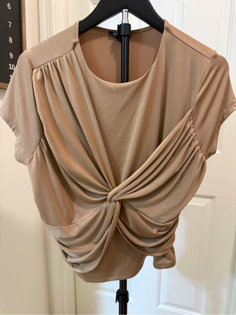 Express Taupe Twist-Front Draped Short Sleeve Blouse
